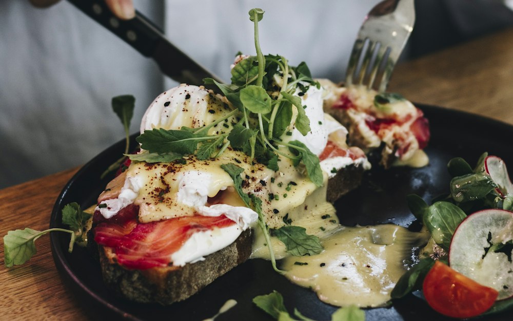 Brunch plate with poached eggs and salmon
